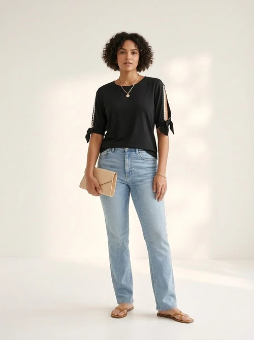 Black Pearl Trim Tie-Cuff Sleeve Top - Casual & Chic