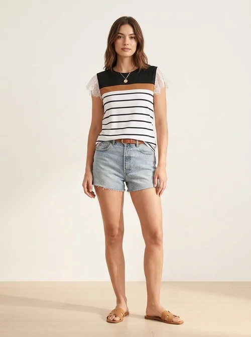Chic Color Block Striped Top with Lace Flutter Sleeves