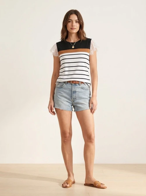 Chic Color Block Striped Top with Lace Flutter Sleeves