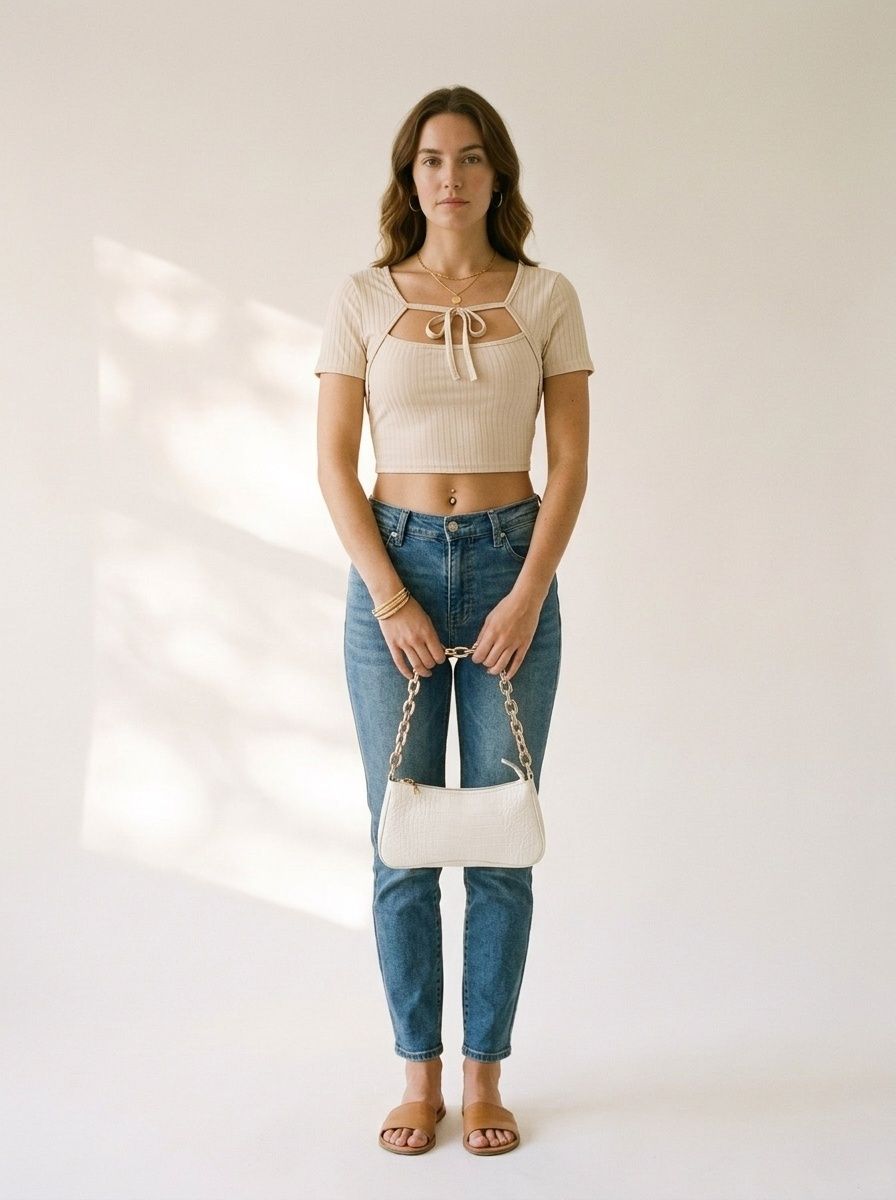 Ribbed Tie Front Cutout Crop Top - Short Sleeve