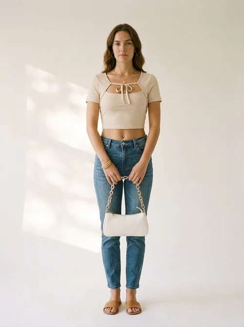 Ribbed Tie Front Cutout Crop Top - Short Sleeve