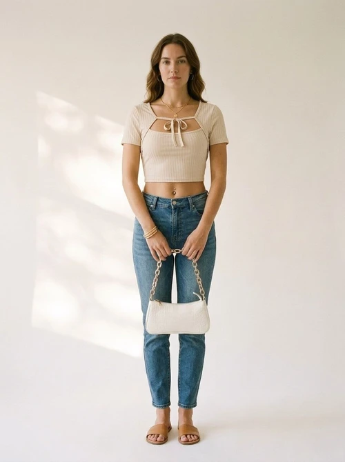 Ribbed Tie Front Cutout Crop Top - Short Sleeve