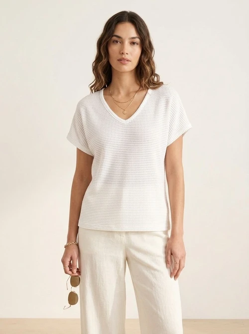 Women's Waffle Knit V-Neck Top with Crochet Back