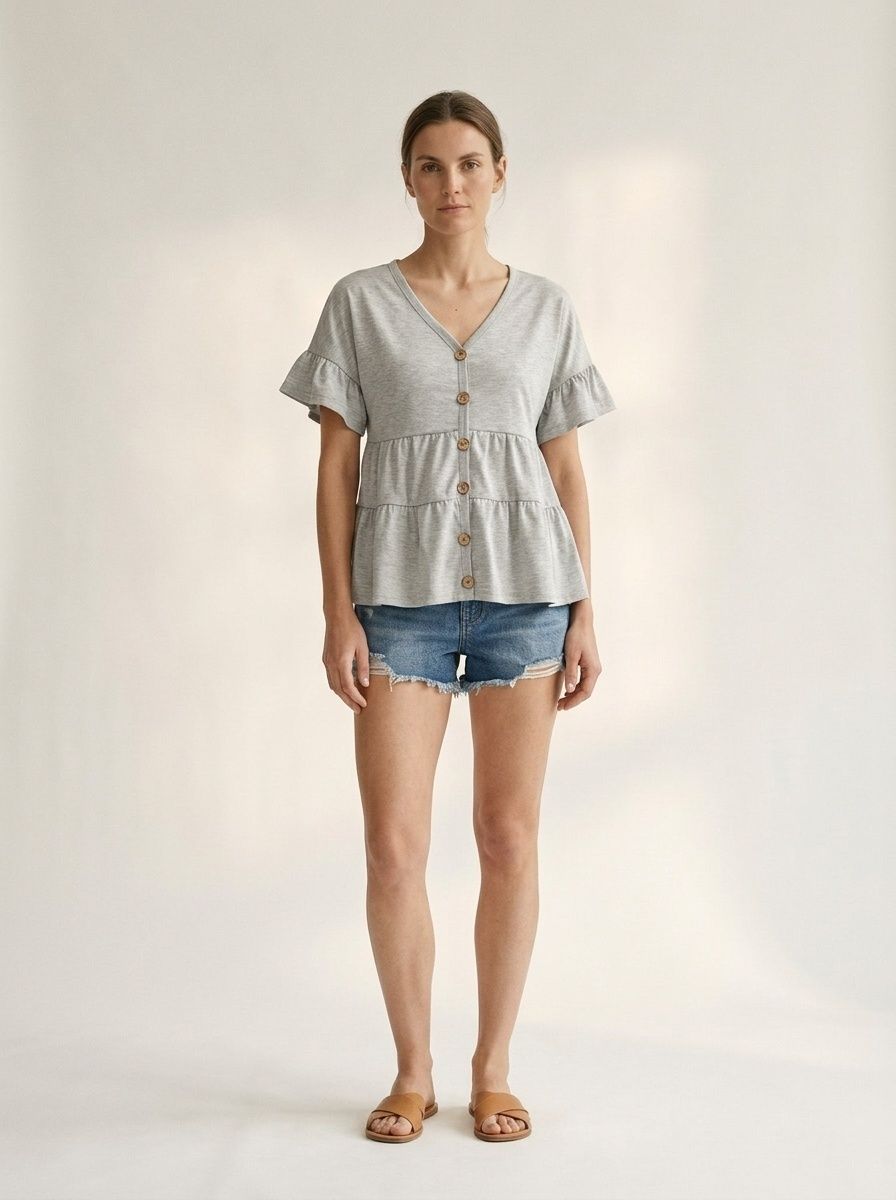 Light Grey Ruffle Sleeve V-Neck Button Tiered Peplum Top