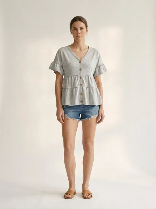 Light Grey Ruffle Sleeve V-Neck Button Tiered Peplum Top