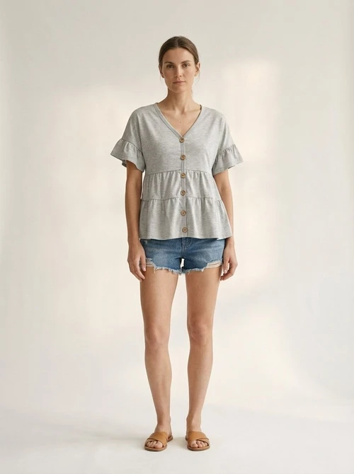 Light Grey Ruffle Sleeve V-Neck Button Tiered Peplum Top