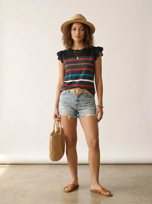 Women's Striped Ruffle Sleeve Tee - Casual Summer Top