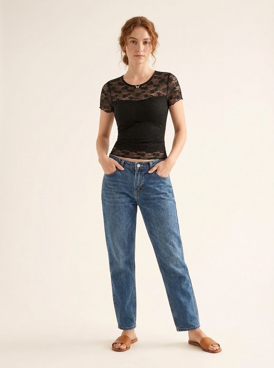 Black Sheer Lace Short Sleeve Top - Slim Fit