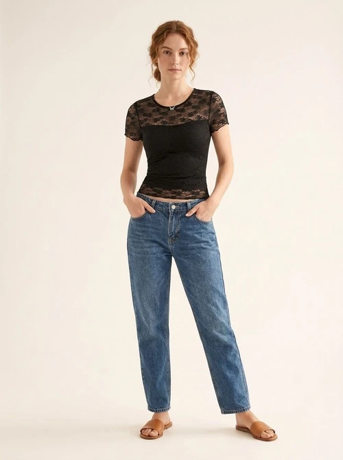 Black Sheer Lace Short Sleeve Top - Slim Fit