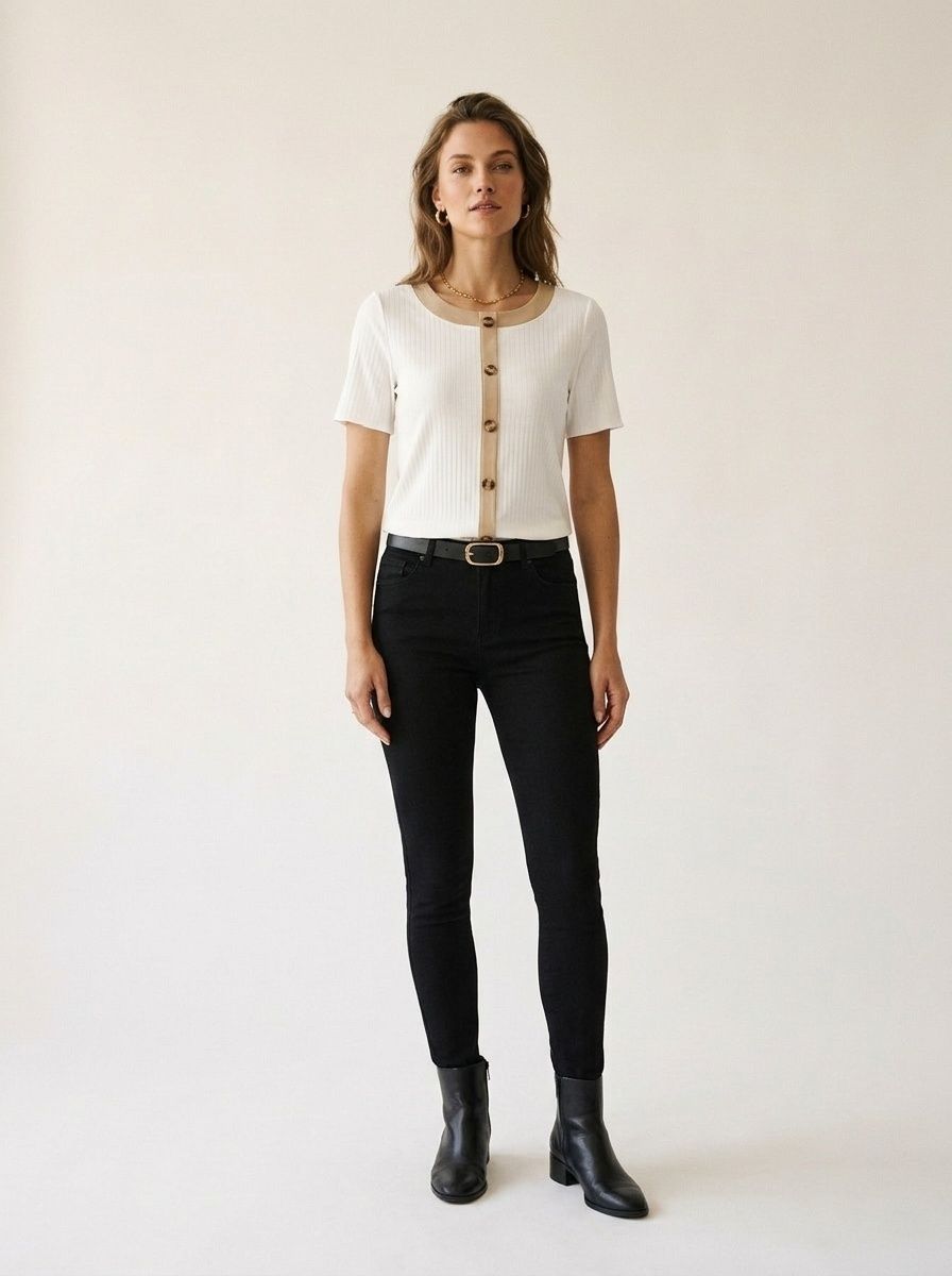 Ribbed Knit Short Sleeve Button Front Contrast Top