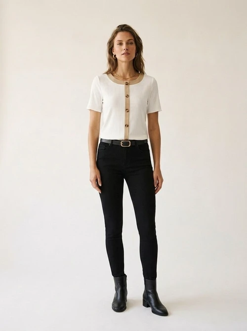 Ribbed Knit Short Sleeve Button Front Contrast Top