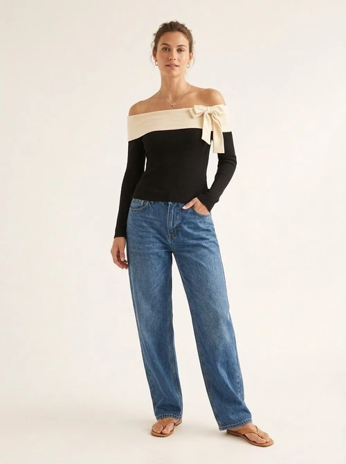 Chic Off-Shoulder Bow Long Sleeve Color Block Top