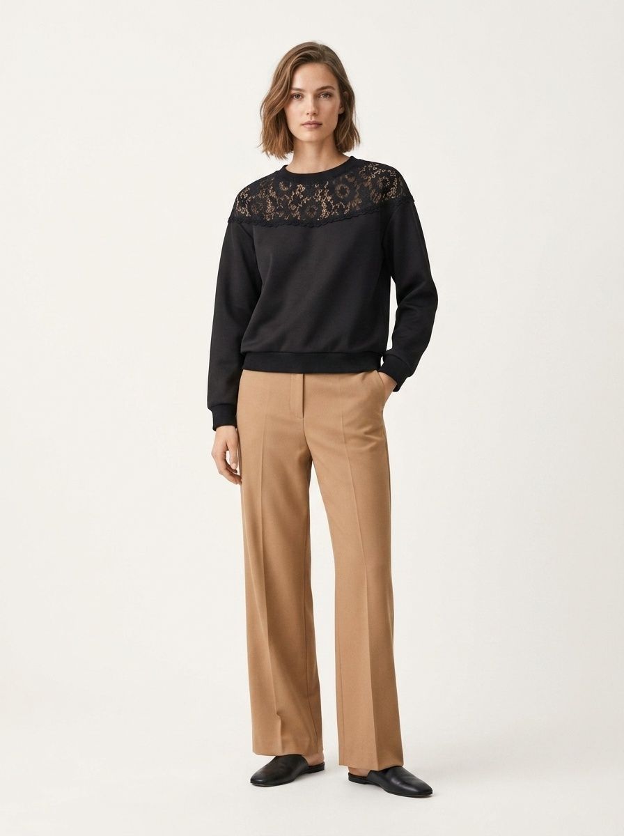 Women's Lace Patchwork Long Sleeve Sweatshirt in Black