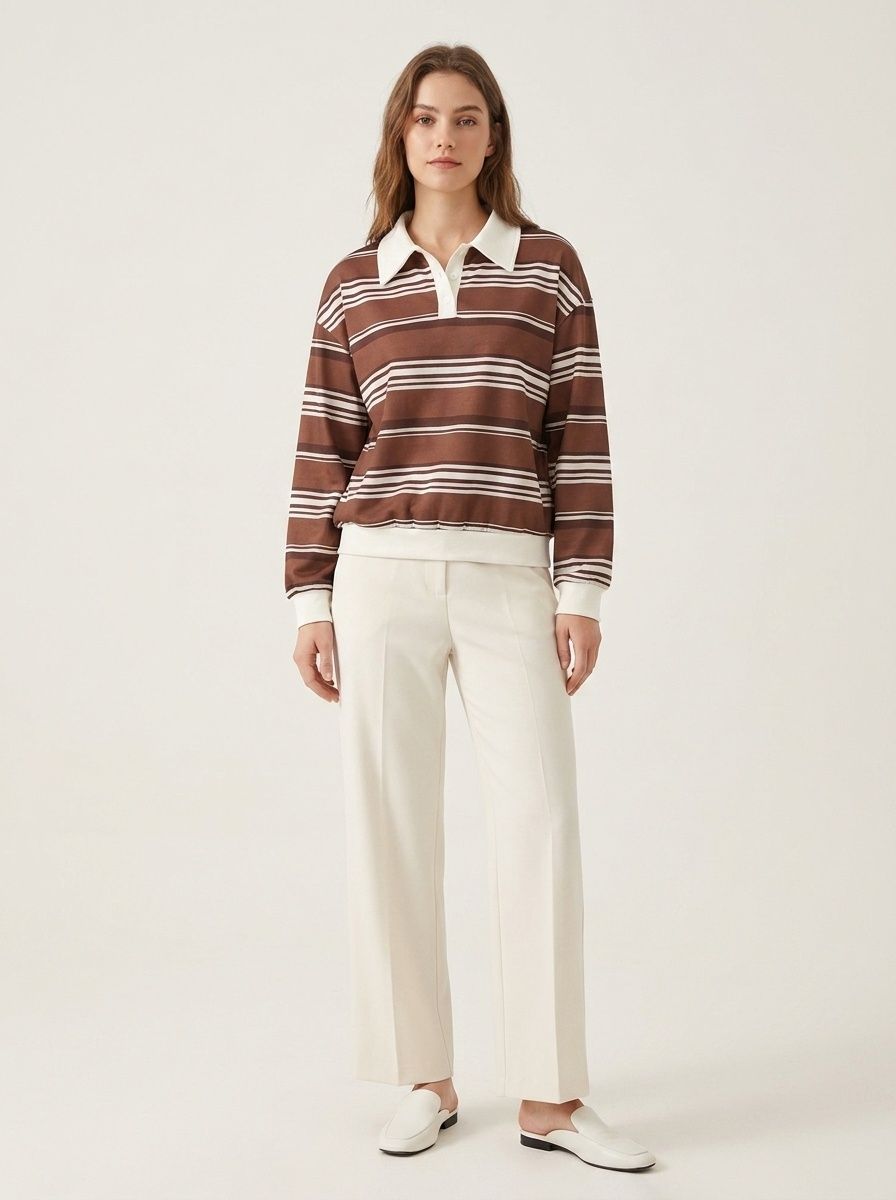 Brown Striped Polo Collar Sweatshirt