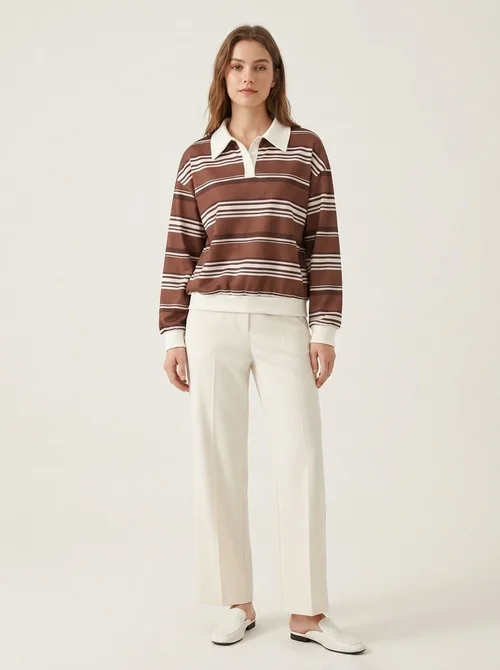 Brown Striped Polo Collar Sweatshirt