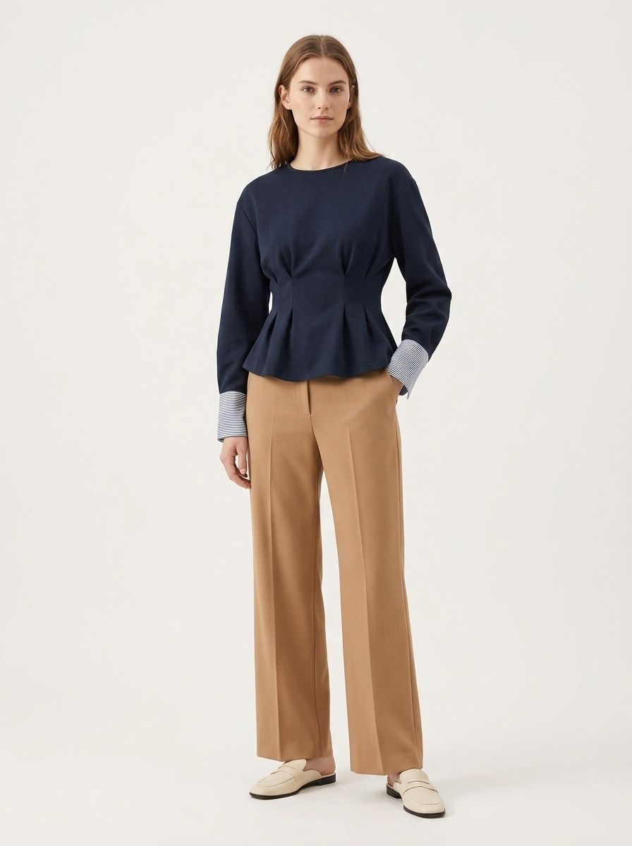 Women's Pleated Waist Long Sleeve Top with Cuffs