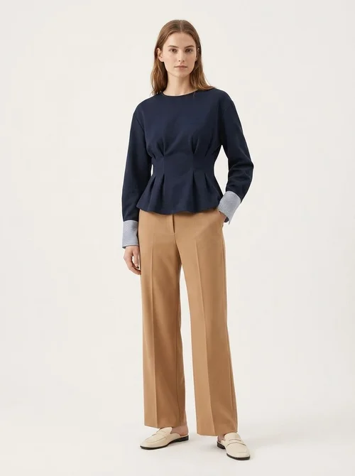 Women's Pleated Waist Long Sleeve Top with Cuffs