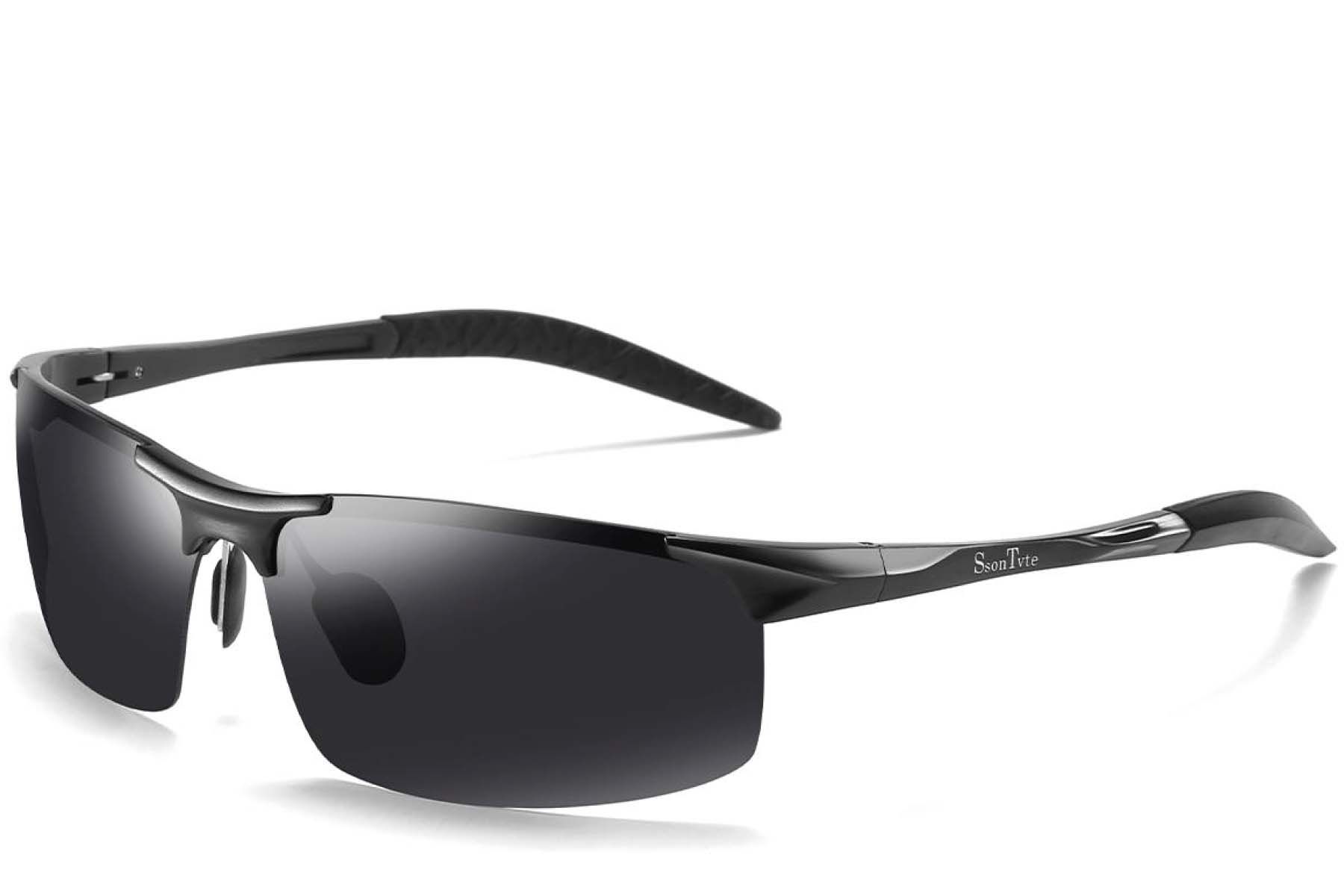 Semi-Rimless Black Aluminum Polarized Sunglasses #BS0205-0051