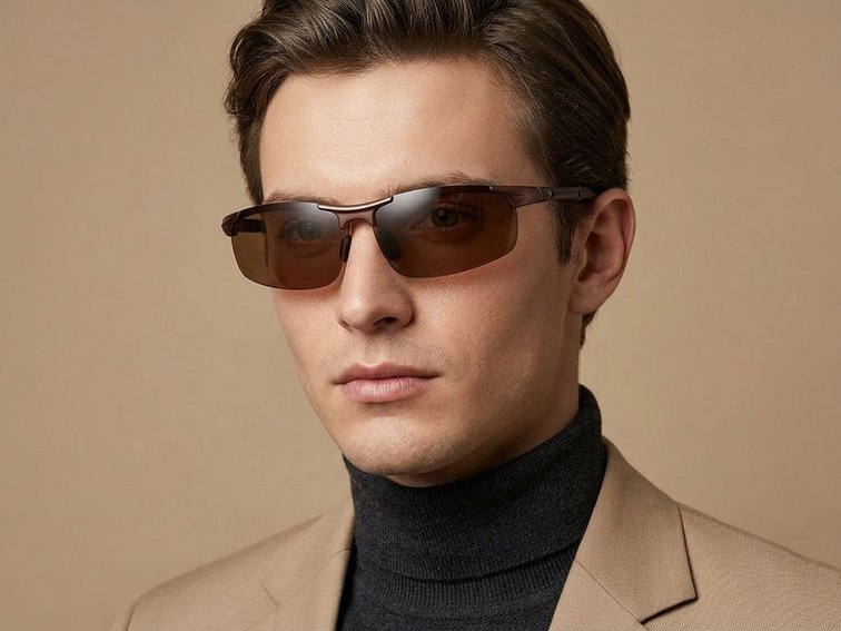 Semi-Rimless Brown Aluminum Polarized Sunglasses #BS0205-0054