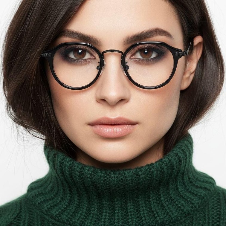 Ovale Brille aus schwarzem Titan und Acetat #BS0218-0005