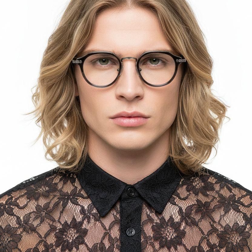 Oval Gray Titanium & Acetate Glasses #BS0218-0007