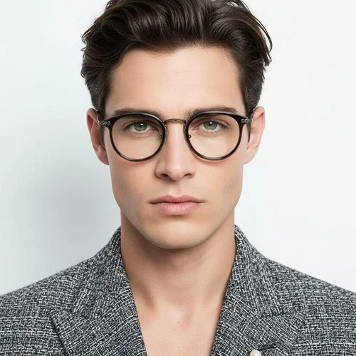 Lunettes ovales en titane gris et acétate #BS0218-0011