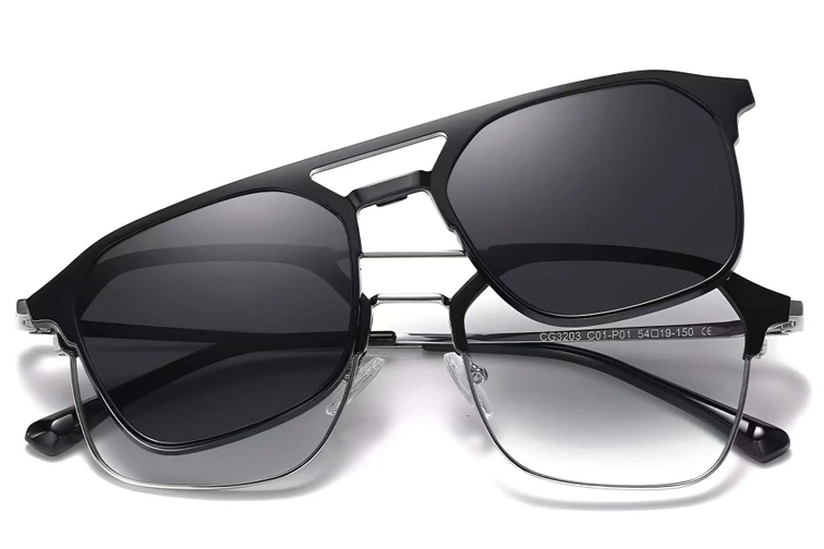 Gafas de sol estilo aviador con clip de metal negro #BS0420-0403