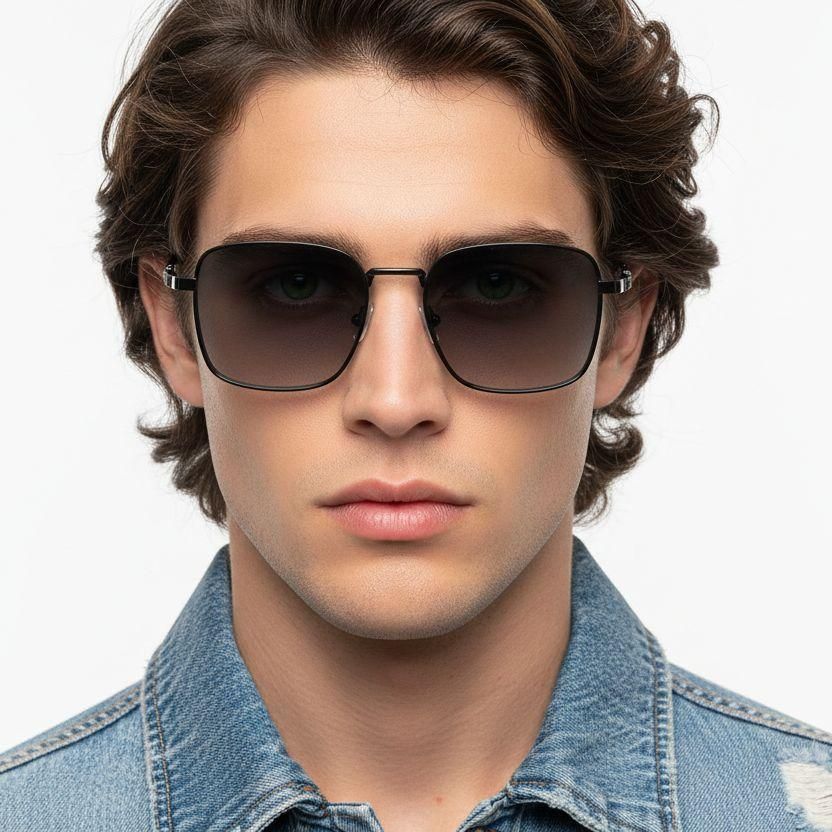 Rectangular Black Metal Sunglasses #BS2503-0037