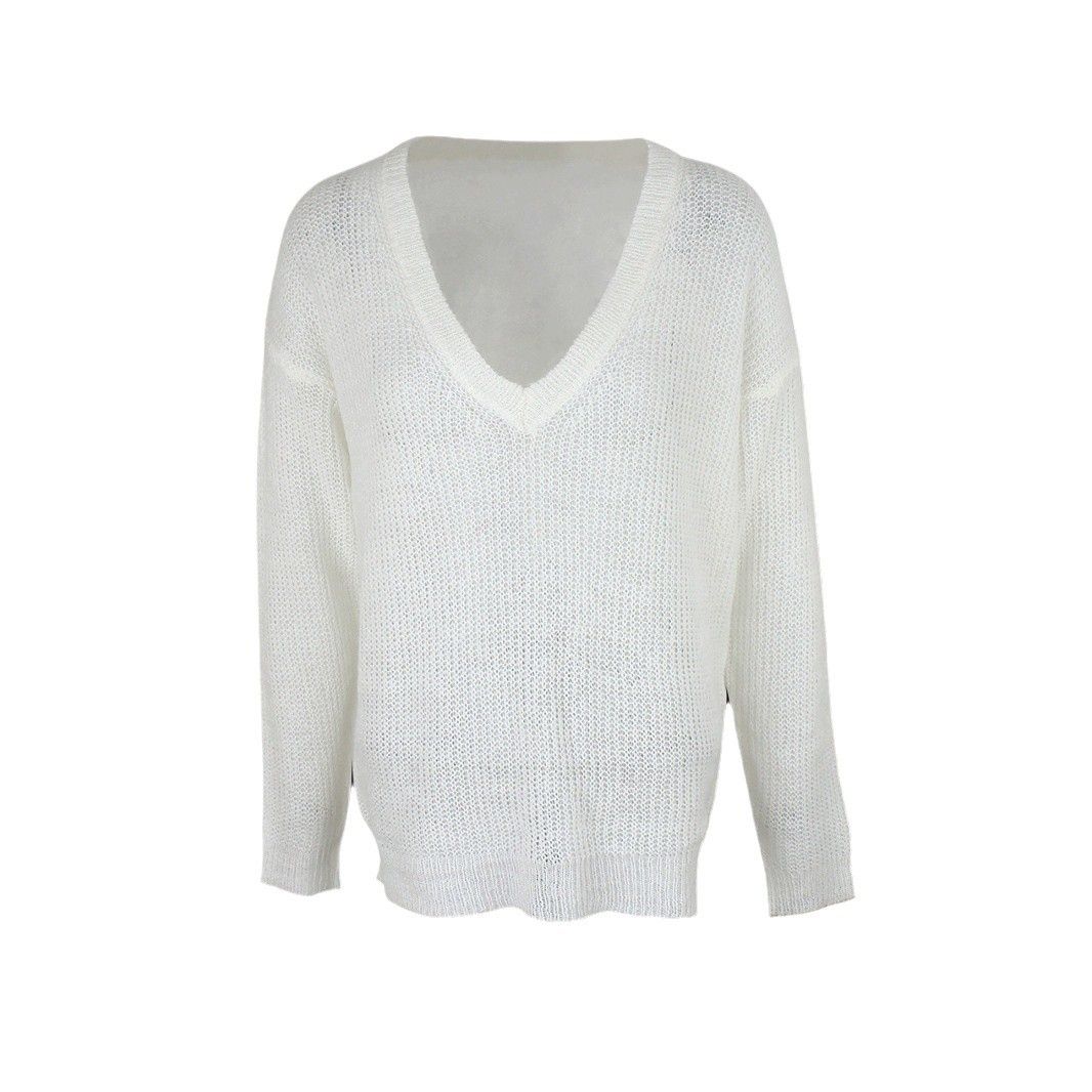 Women's Knit Sweater Long Sleeve V Neck Loose Fit Lightweight Pullover SSU-00063