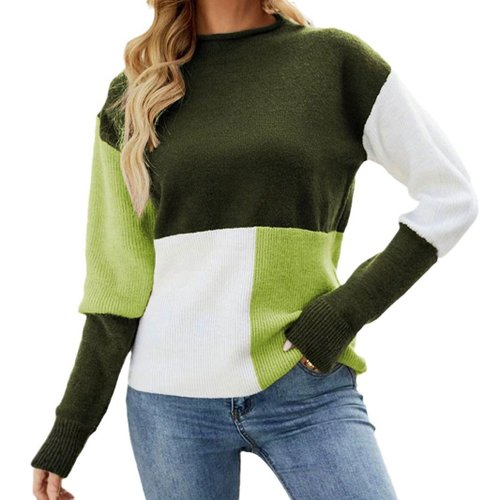 Moderner Pullover mit Farbblockmuster, überschnittenen Schultern, lockerer Strickstil mit auffälligem Kontrastdesign SSU-00066
