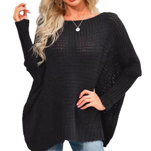 Suéter holgado de manga larga con cuello de punto y aberturas laterales, venta al por mayor, SSU-00038
