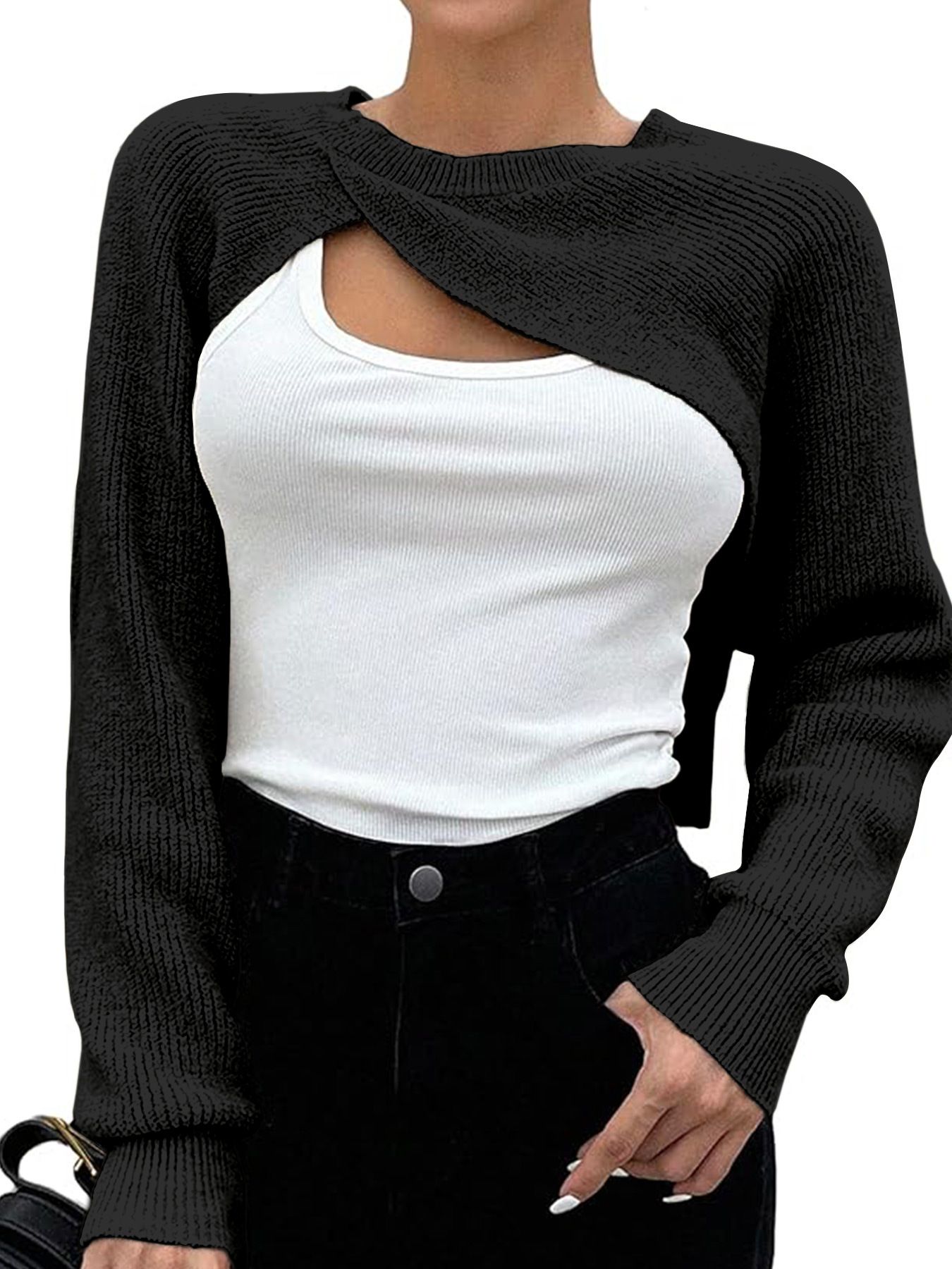 Knit Cropped Long Sleeve Pullover Top - Y2K Fashion SSU-00039