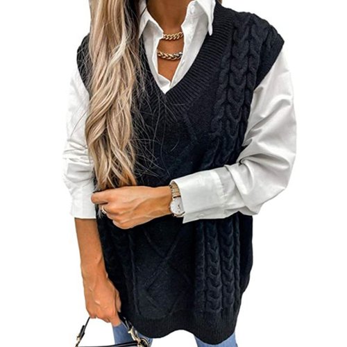 Strickweste mit Zopfmuster, Damen, V-Ausschnitt, ärmellos, Baumwollmischung SSU-00038