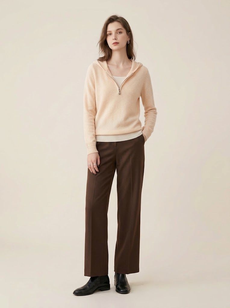 Cashmere Women's Half-Zip Hooded Knit Sweater with Layered Hem