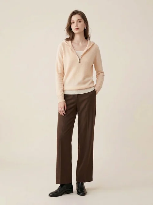 Cashmere Women's Half-Zip Hooded Knit Sweater with Layered Hem