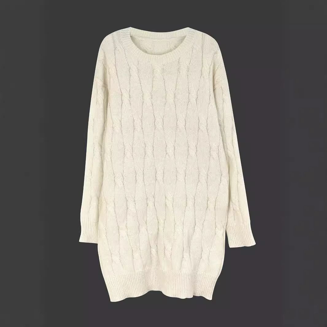 Linen Cable Knit Sweater Dress Long Sleeve Autumn Winter
