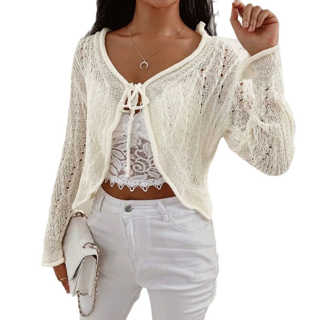 Crochet Knit Cardigan Cover-Up - Tie Front Beach Sweater
