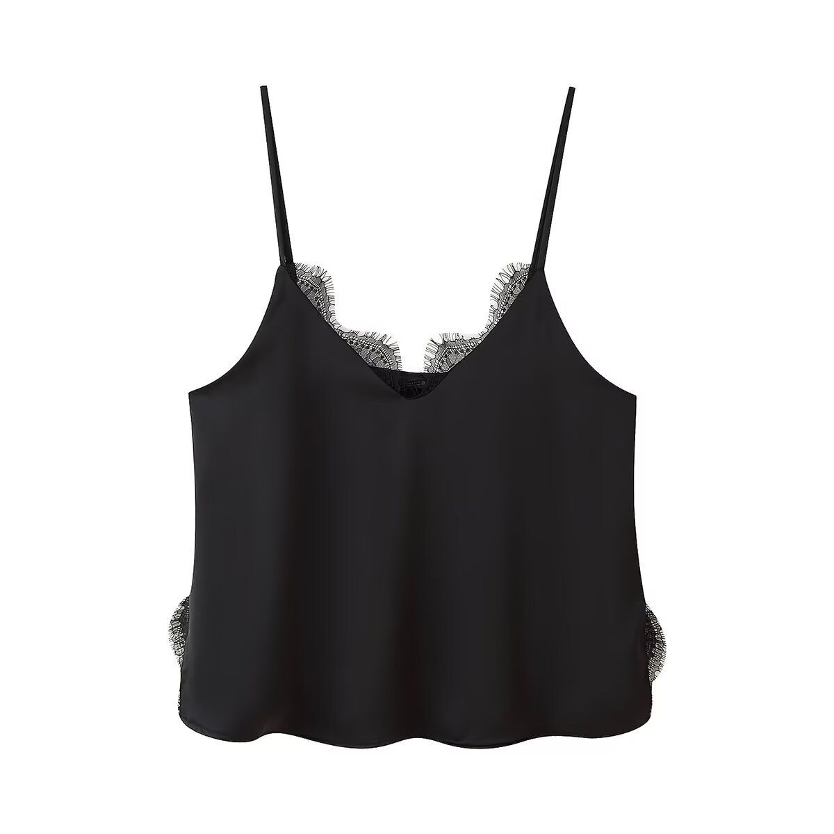 Conjunto de top de satén con ribete de encaje y falda midi KUN-00122