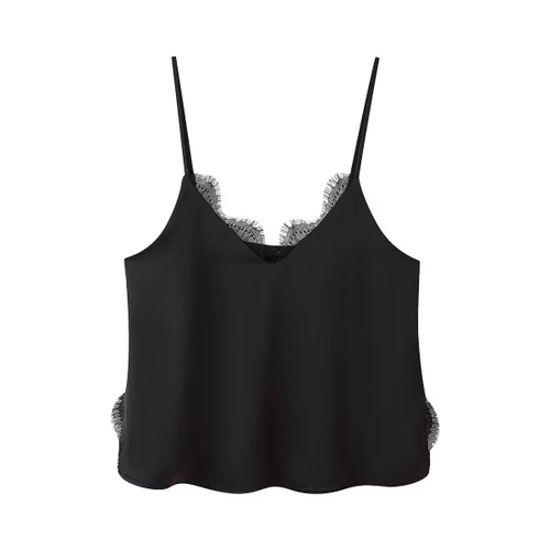 Conjunto de top de satén con ribete de encaje y falda midi KUN-00122