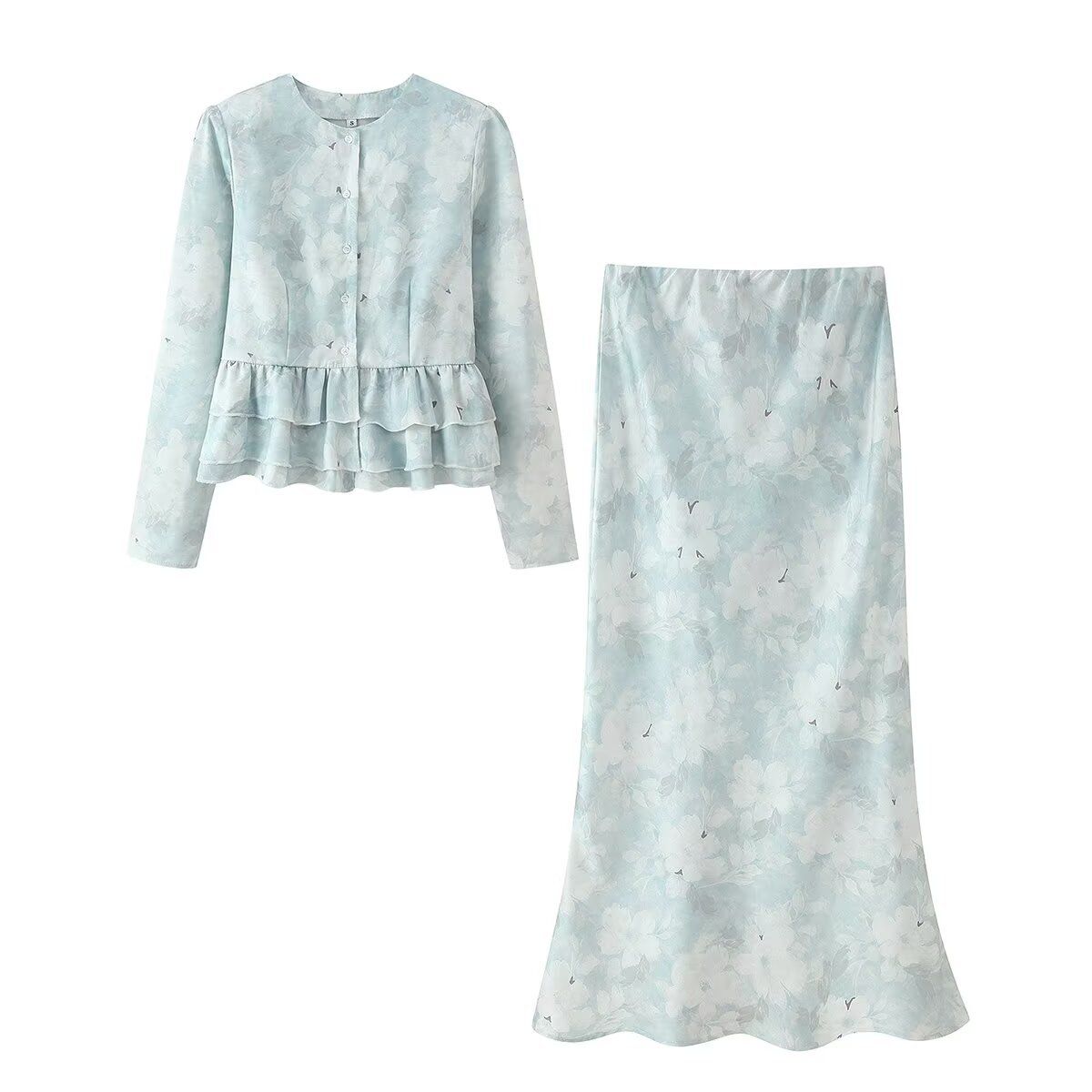 Conjunto de top de manga larga con volantes y falda con cintura elástica Zarz KUN-00030