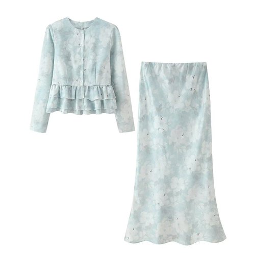 Zarz top met ruches en lange mouwen & rok met elastische taille KUN-00030