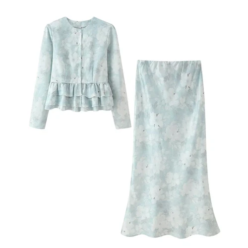 Conjunto de top de manga larga con volantes y falda con cintura elástica Zarz KUN-00030