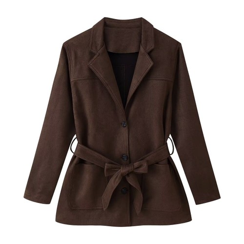Faux Suede Belted Jacket - European Style KUN-00077