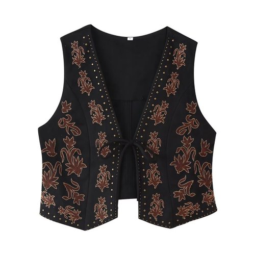 Faux Suede Tank Top Rhinestone Embroidered Vest KUN-00017