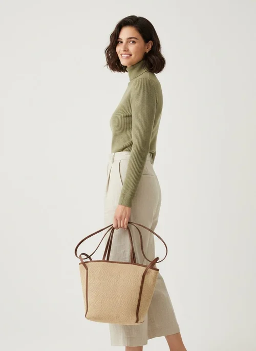 Chic Woven Straw Tote Bag with Leather Trim
