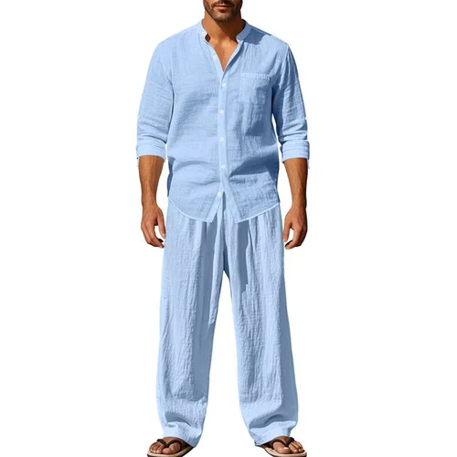 Completo casual da uomo in lino, ampio, traspirante, con camicia a maniche lunghe e pantaloni, modello NDF-00004