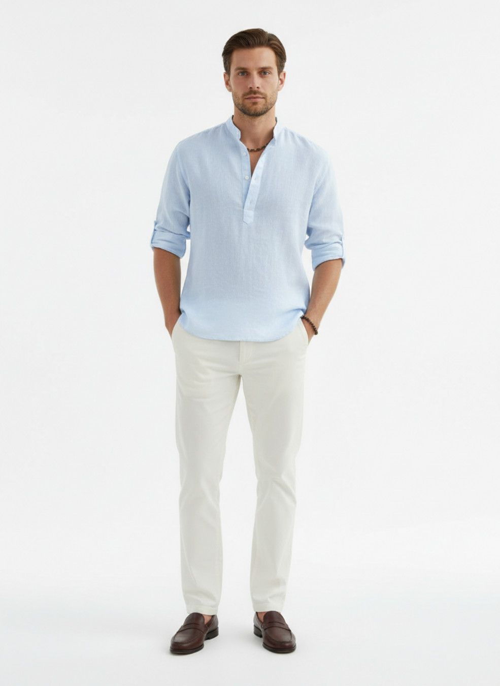 Cotton Linen Men's Casual Shirt Stand Collar Long Sleeve Loose Fit NDF-00005