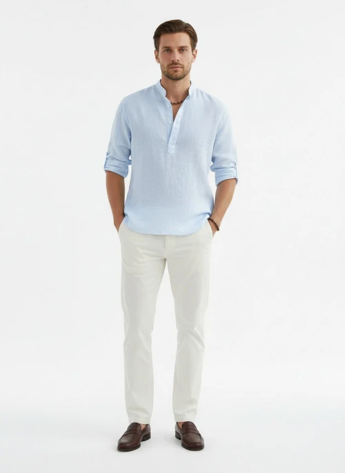 Cotton Linen Men's Casual Shirt Stand Collar Long Sleeve Loose Fit NDF-00005