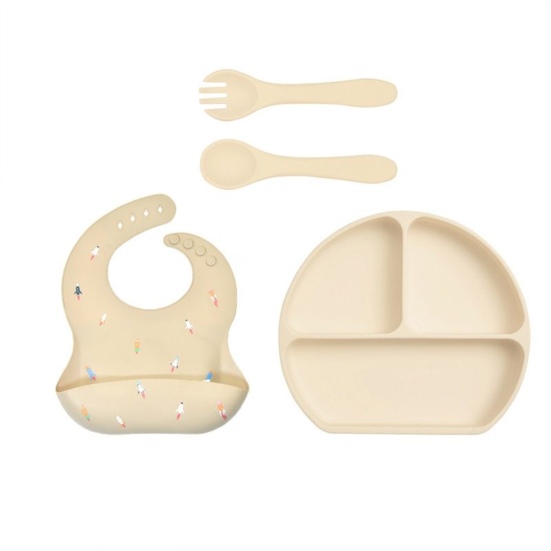 Baby Silicone Feeding Set - Suction Plate, Bib & Utensils