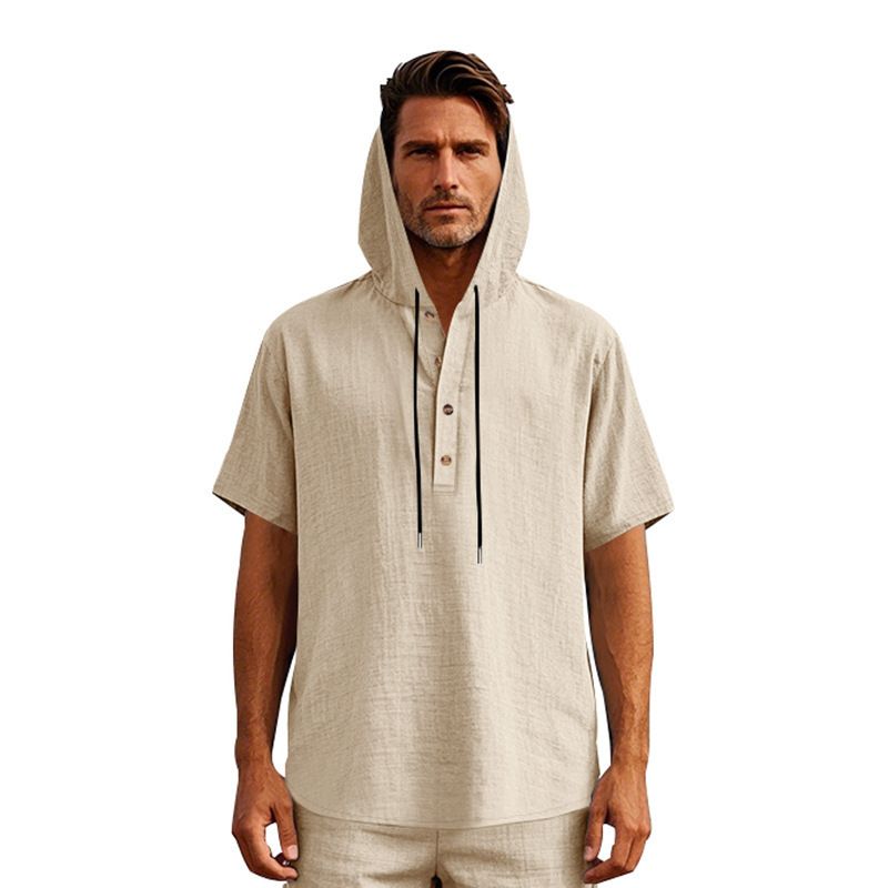 Camisa Henley de lino para hombre, de verano, manga corta, informal, holgada, NDF-00006